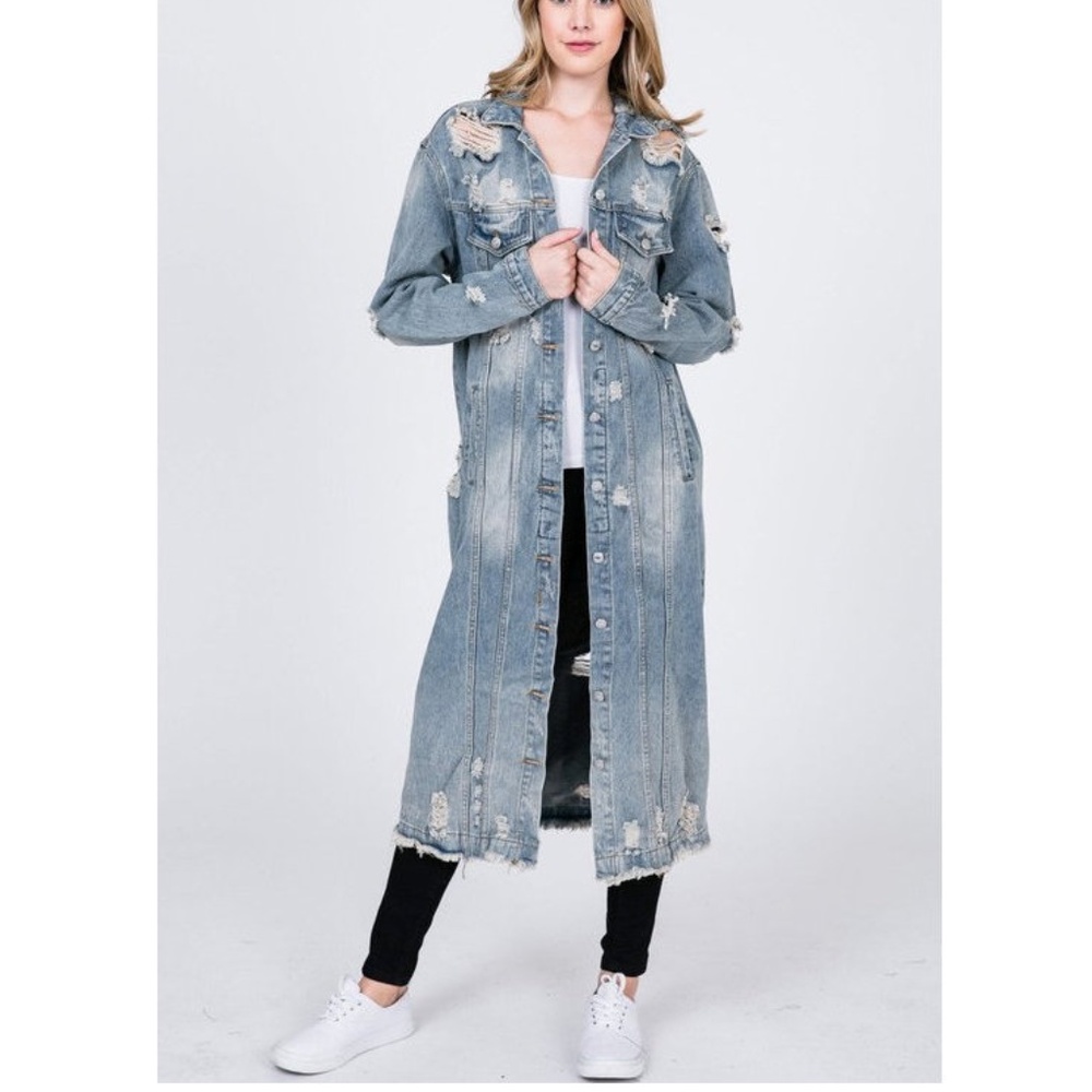 Destroyed Distressed Long Maxi Denim Jean Jacket - Picture 2 of 7